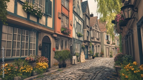 A charming European street lined with old, colorful buildings,
