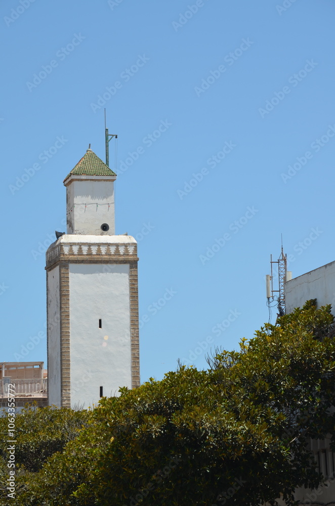 White minaret with a green-tiled roof in Essaouira, standing tall against a clear blue sky and surrounded by lush trees, blending architectural beauty with nature
White minaret with a green-tiled roof in Essaouira, standing tall against a clear blue sky and surrounded by lush trees, blending architectural beauty with nature