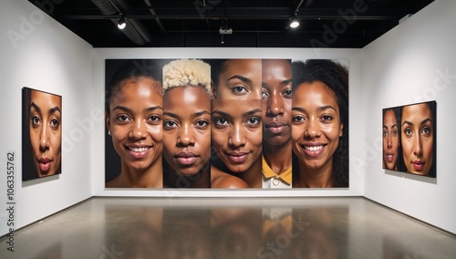 Artwork depicts effects of racism via diverse facial portrayals in a gallery setting photo