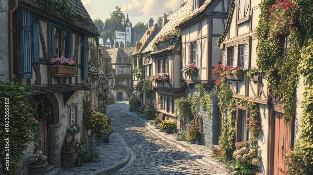 A charming European street lined with old, colorful buildings, A charming European street lined with old, colorful buildings,