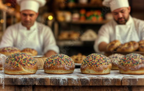 a group of chefs in a bakery kitchen, busily preparing pastries.