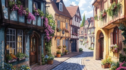 A charming European street lined with old, colorful buildings,