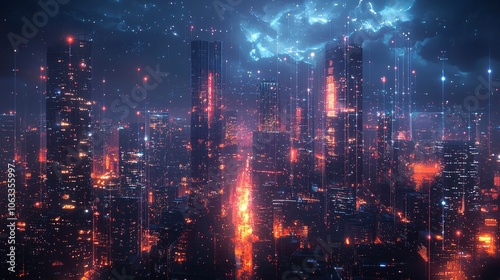 A futuristic cityscape featuring towering illuminated skyscrapers under a mesmerizing abstract sky, showcasing glowing connections and a high-tech urban environment.