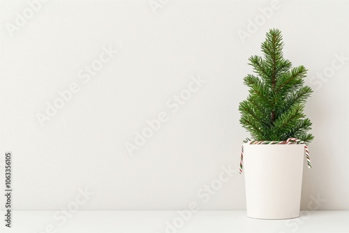 A small potted evergreen tree sits on a light-colored surface against a plain wall creating a minimalist and fresh decor aesthetic