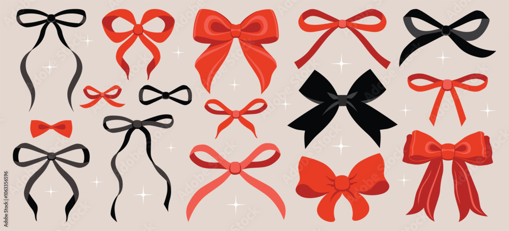 Black, red bow illustration set. Simple hand drawn ribbon bow collection. Vector ribbons, silk bows for gifts, present knots, wrap pack. Bowknot for decoration, collection sillouette Black, red bow illustration set. Simple hand drawn ribbon bow collection. Vector ribbons, silk bows for gifts, present knots, wrap pack. Bowknot for decoration, collection sillouette