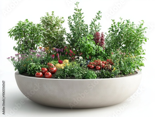 Vibrant garden overflowing with fresh herbs, vegetables, and blossoms in a modern planter, showcasing nature's beauty indoors. photo