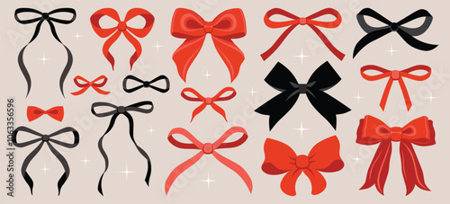 Black, red bow illustration set. Simple hand drawn ribbon bow collection. Vector ribbons, silk bows for gifts, present knots, wrap pack. Bowknot for decoration, collection sillouette