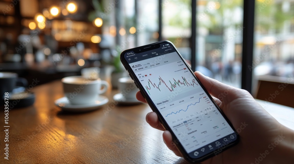 A hand holds a smartphone showing stock market trends while seated in a warm cafe. Coffee cups await on the wooden table in a bright, inviting atmosphere. A hand holds a smartphone showing stock market trends while seated in a warm cafe. Coffee cups await on the wooden table in a bright, inviting atmosphere.