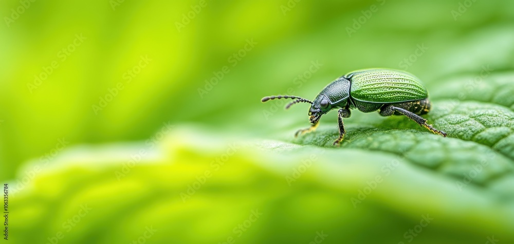 Naklejka premium Close-up of a green beetle resting on a vibrant green leaf, showcasing intricate details and textures of nature in a beautiful, serene environment.