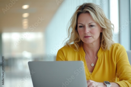 Businesswoman concentrating on her laptop, working in a bright, modern office environment