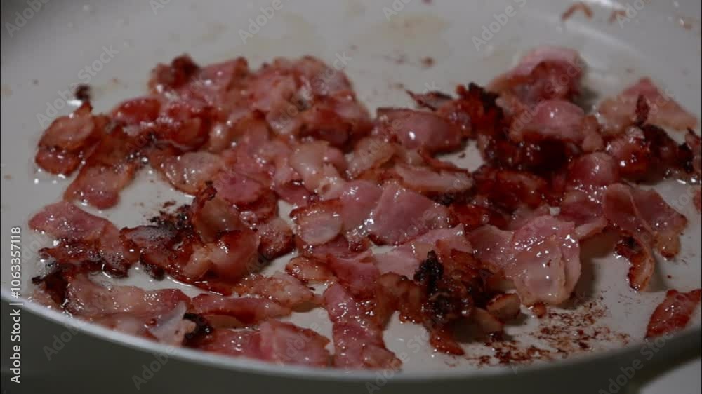 Cooking Pancetta in a White Pan Close-Up Cooking Pancetta in a White Pan Close-Up