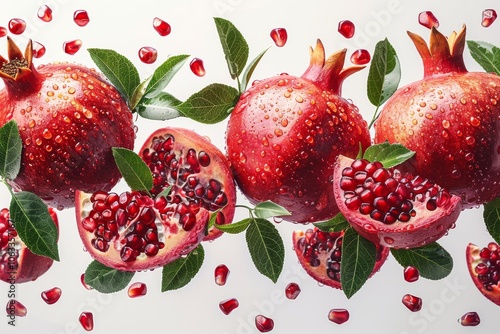 Pomegranate and half slices suspended in the air with green leaves isolated on white background. Generative AI photo