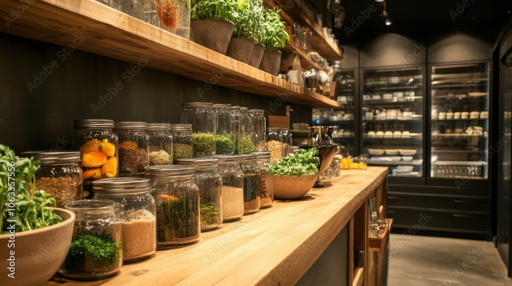 A contemporary wooden counter highlighted by neat rows A contemporary wooden counter highlighted by neat rows