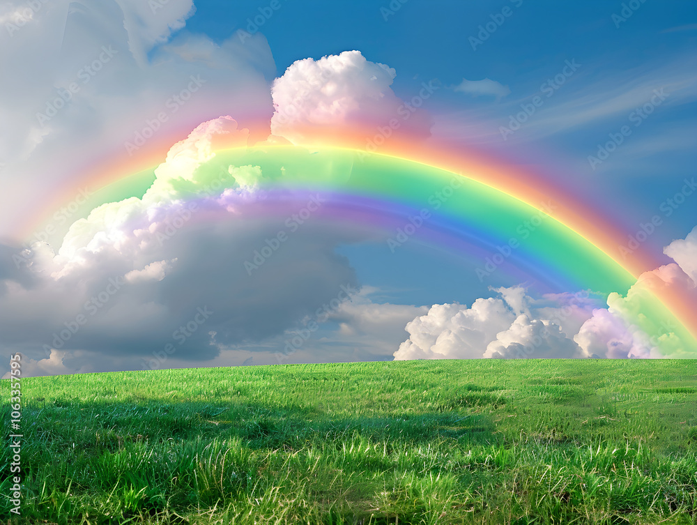 Vibrant rainbow stretching across a lush, green field in a raw, natural style photograph. Vibrant rainbow stretching across a lush, green field in a raw, natural style photograph.