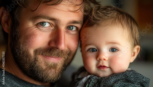 Closeup of a new dad lovingly holding his young baby, capturing the essence of fatherhood, warm lighting, emotional connection, soft focus on their faces