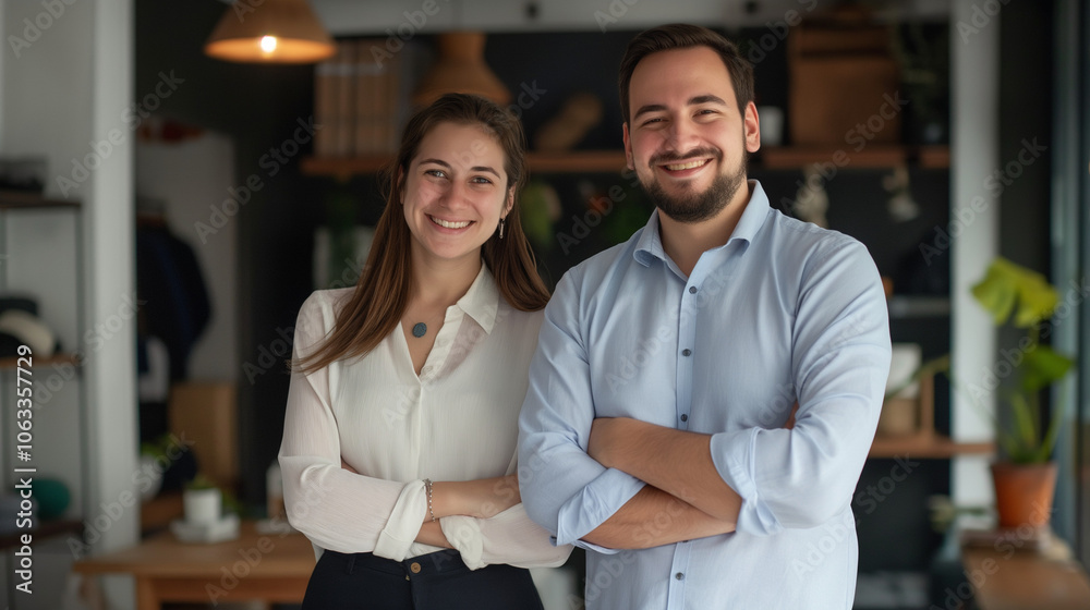 Smiling man and woman with arms crossed in office. Smiling man and woman with arms crossed in office.