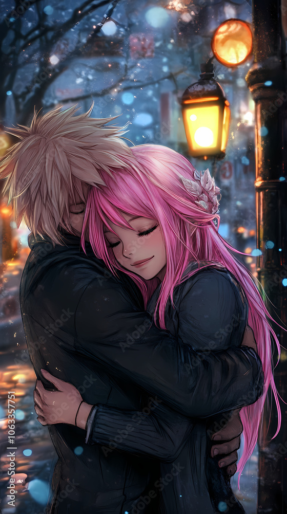 Obraz premium Romantic Anime Hug: Kawaii Couple with Cozy Lofi Vibes