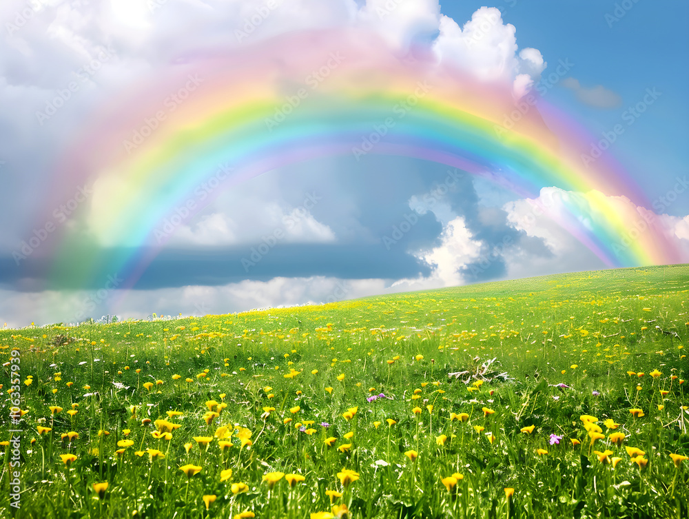 Naklejka premium Vibrant rainbow arcs over lush green field in raw natural beauty, captured in style.