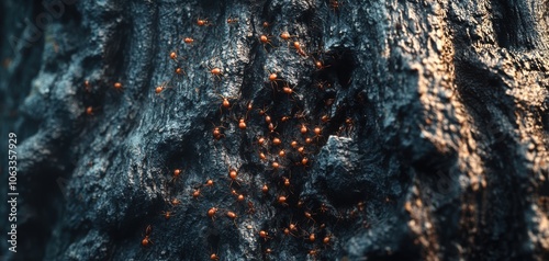 Close-up view of intricate bark texture displaying vibrant orange lichen on dark wood, showcasing nature's beauty and details in environmental diversity. photo