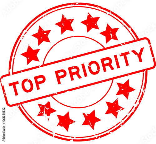 Grunge red top priority word round rubber seal stamp on white background