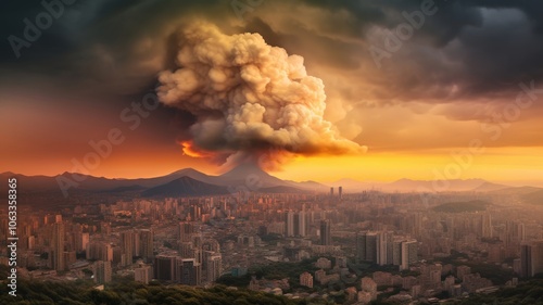 A dramatic scene depicting a nuclear explosion over Seoul, South Korea. The foreground features a massive mushroom cloud rising high into the sky, illuminated by bright oranges, reds