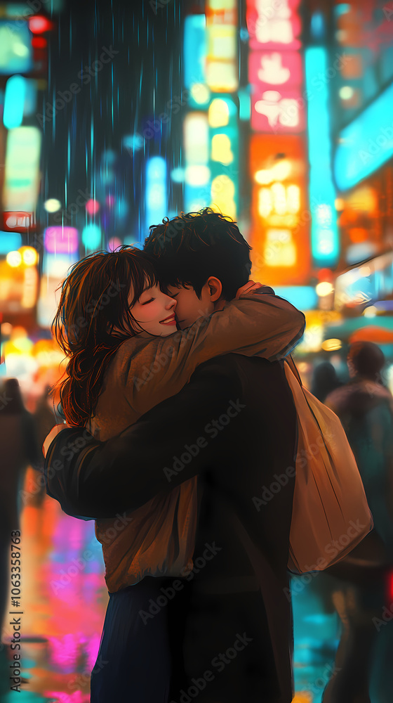 Romantic Anime Hug: Kawaii Couple with Cozy Lofi Vibes