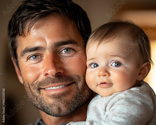 Emotive closeup of a new dad with a smile, holding his baby close, representing the joy of Father s Day, natural lighting, focus on their expressions photo