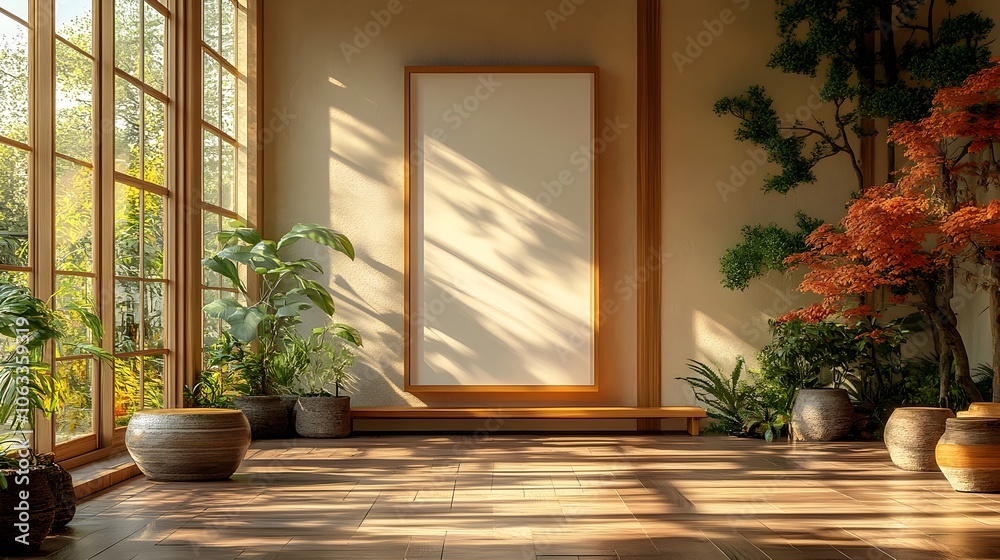 Floating acrylic frame mockup displayed in a minimalist Japanese-inspired interior setting,featuring natural materials and filtered sunlight creating a tranquil,serene atmosphere. Floating acrylic frame mockup displayed in a minimalist Japanese-inspired interior setting,featuring natural materials and filtered sunlight creating a tranquil,serene atmosphere.