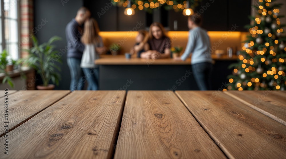 Obraz premium Rustic wooden background with a warm, festive glow and soft bokeh lights, creating a cozy holiday atmosphere. Ideal for seasonal displays, decorations, or as a backdrop for Christmas presentations