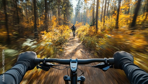 Firstperson view of a cyclist with hands on handlebars, speeding along a forest trail, surrounded by tall trees and vibrant foliage, capturing the thrill of mountain biking photo