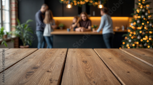 Rustic wooden background with a warm, festive glow and soft bokeh lights, creating a cozy holiday atmosphere. Ideal for seasonal displays, decorations, or as a backdrop for Christmas presentations