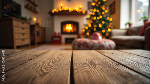 Rustic wooden background with a warm, festive glow and soft bokeh lights, creating a cozy holiday atmosphere. Ideal for seasonal displays, decorations, or as a backdrop for Christmas presentations