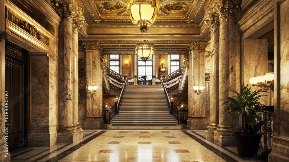 Fototapeta premium A historic palace with grand staircases, marble columns