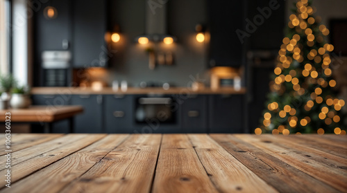 Rustic wooden background with a warm, festive glow and soft bokeh lights, creating a cozy holiday atmosphere. Ideal for seasonal displays, decorations, or as a backdrop for Christmas presentations