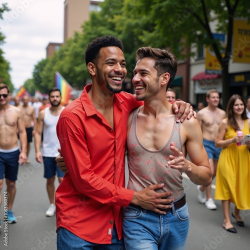 Joyful LGBTQ multiethnic pair celebrated at Pride Parade Laughing Gay Men photo