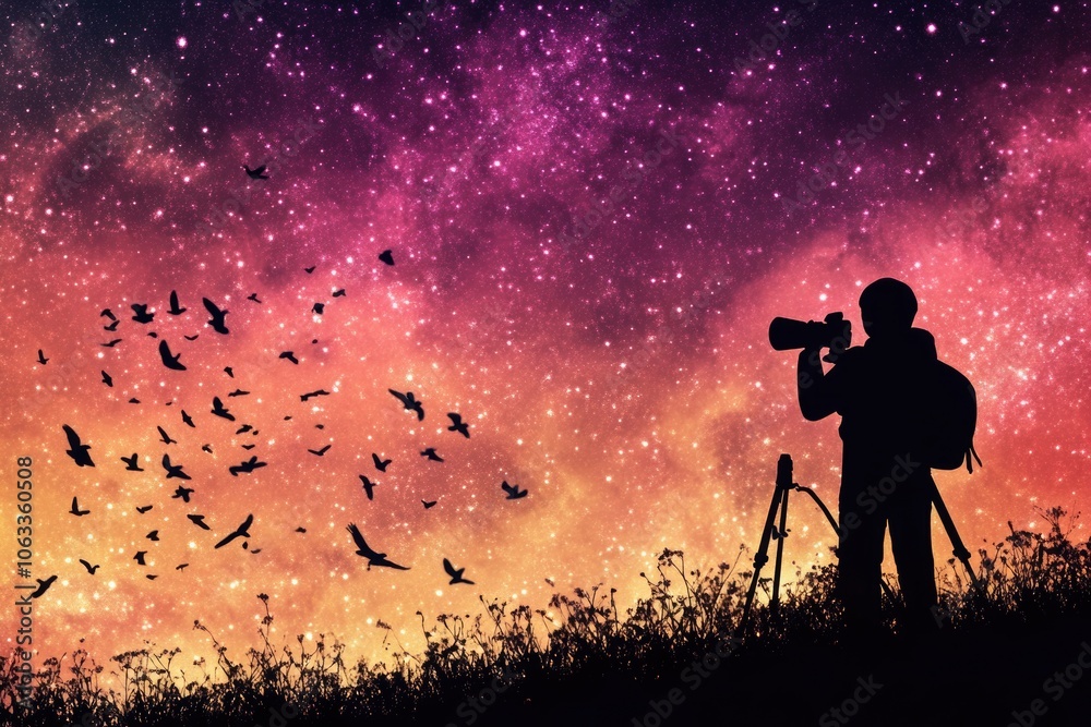 A person photographing a group of birds in flight, with a camera and a steady gaze A person photographing a group of birds in flight, with a camera and a steady gaze