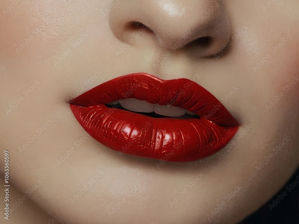 Obraz premium Female lips with red lipstick close-up.
