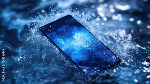 Smartphone submerged in water under blue light