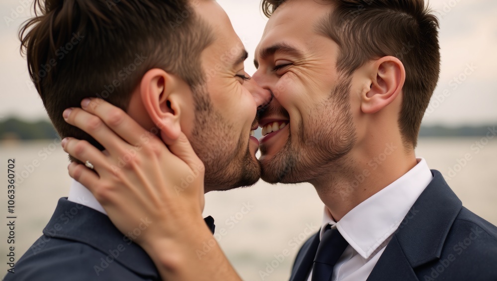 Romantic gay couple embracing a loving kiss radiating joy and happiness Romantic gay couple embracing a loving kiss radiating joy and happiness