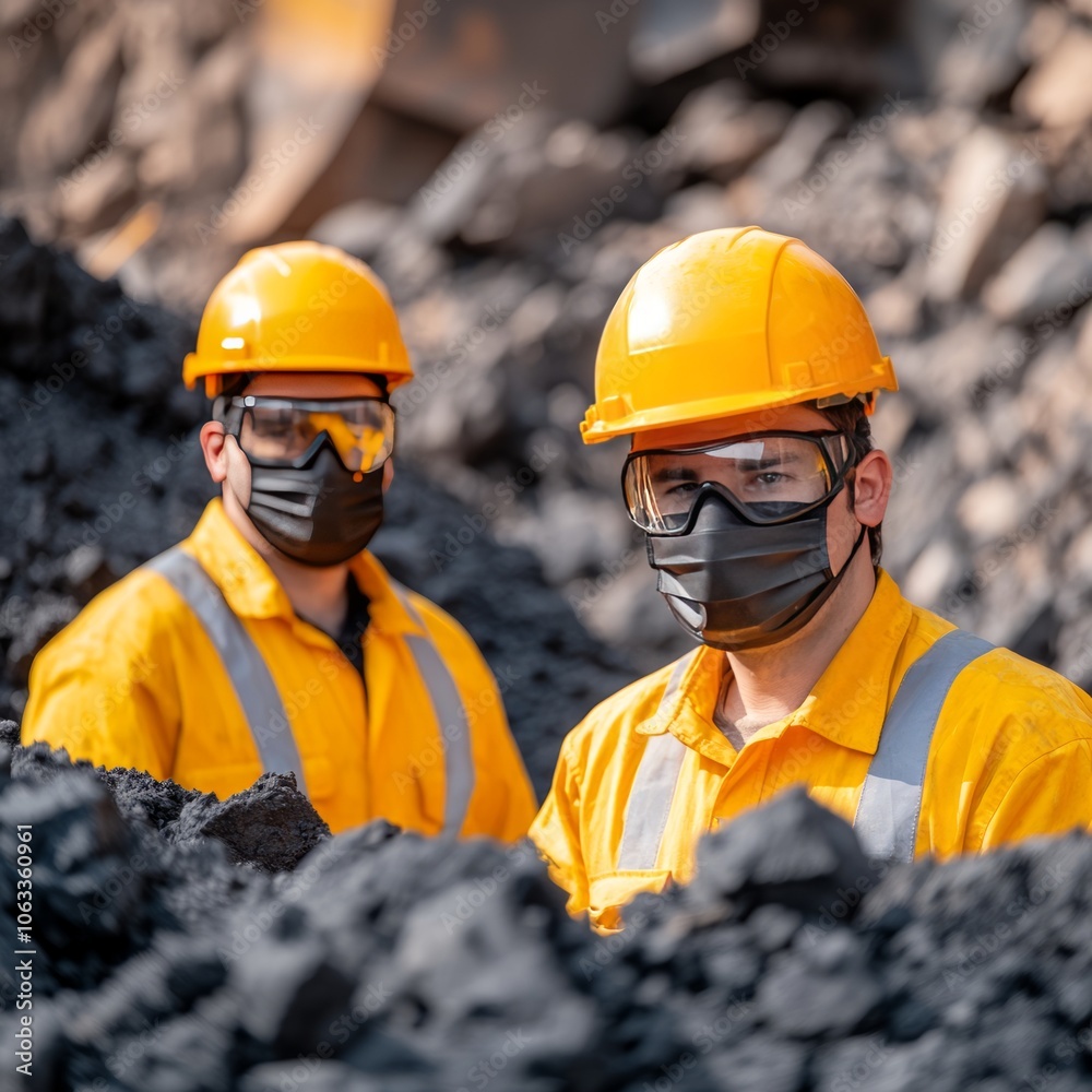 Two workers in safety gear at a coal mining site. Two workers in safety gear at a coal mining site.