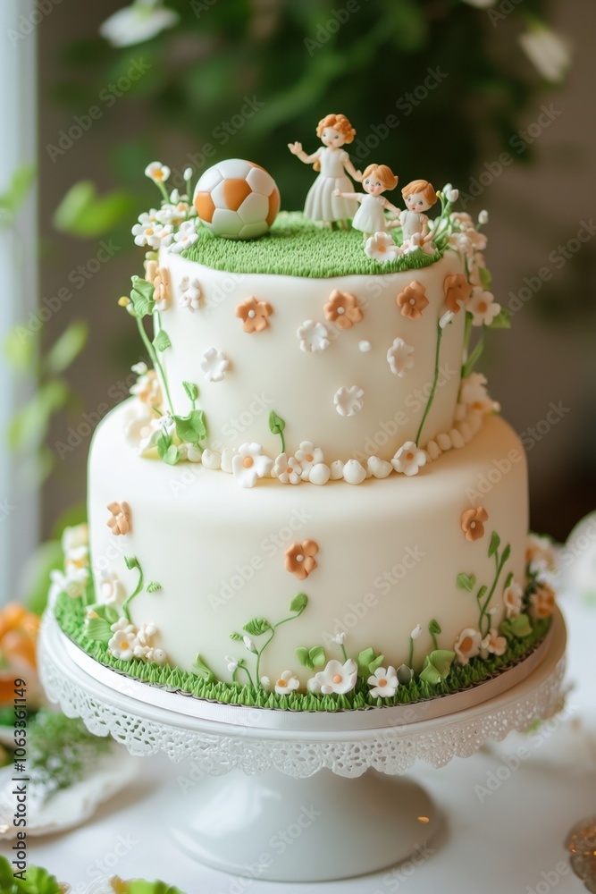 Whimsical soccer-themed cake with floral decorations for celebrations and parties Whimsical soccer-themed cake with floral decorations for celebrations and parties
