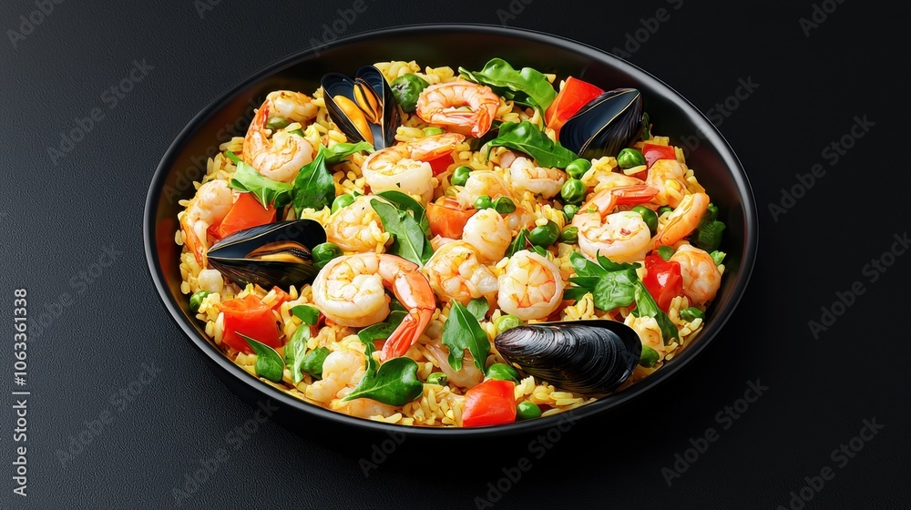 A vibrant and healthy meal featuring stir-fried vegetables, shrimp salad, and shrimp fried rice, served in a bowl with colorful ingredients like peppers, tomatoes, and onions A vibrant and healthy meal featuring stir-fried vegetables, shrimp salad, and shrimp fried rice, served in a bowl with colorful ingredients like peppers, tomatoes, and onions