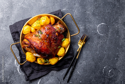 Baked pork knuckle with potatoes and cheese sauce on grey background top view