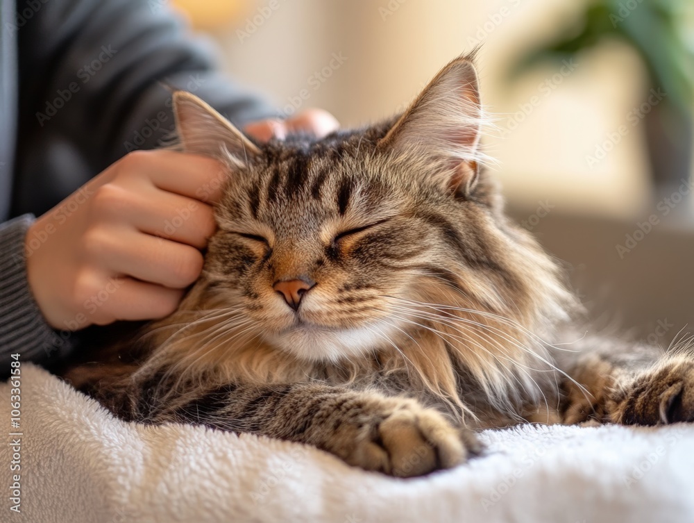 Closeup of a Tabby Cat with Closed Eyes Receiving Gentle Grooming from a Person's Hand. Closeup of a Tabby Cat with Closed Eyes Receiving Gentle Grooming from a Person's Hand.
