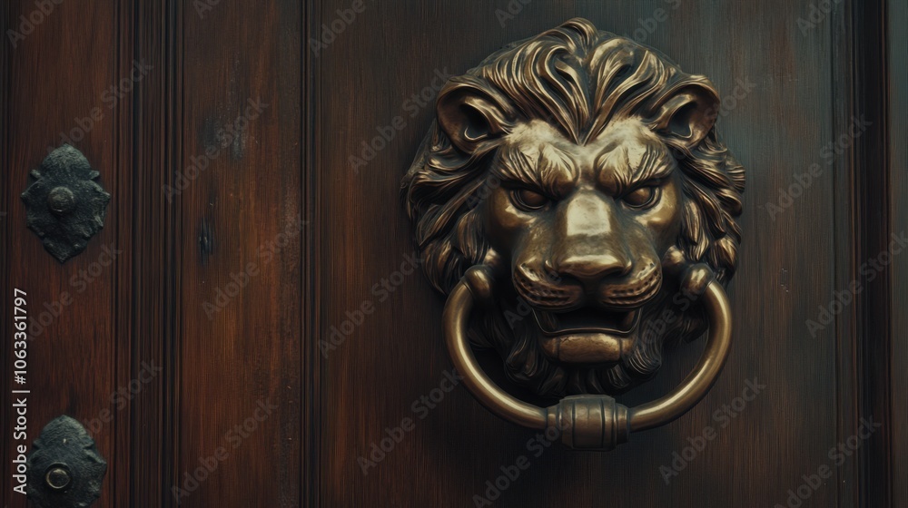 A large brass knocker in the shape of a lions head, A large brass knocker in the shape of a lions head,