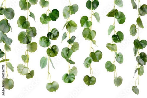 A decorative arrangement of green leaves suspended from a ceiling, ideal for interior design or event decoration