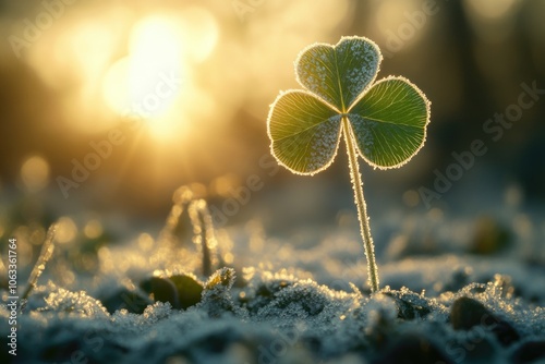 A rare four-leaf clover sits on top of snow-covered ground, symbolizing good luck and fortune photo