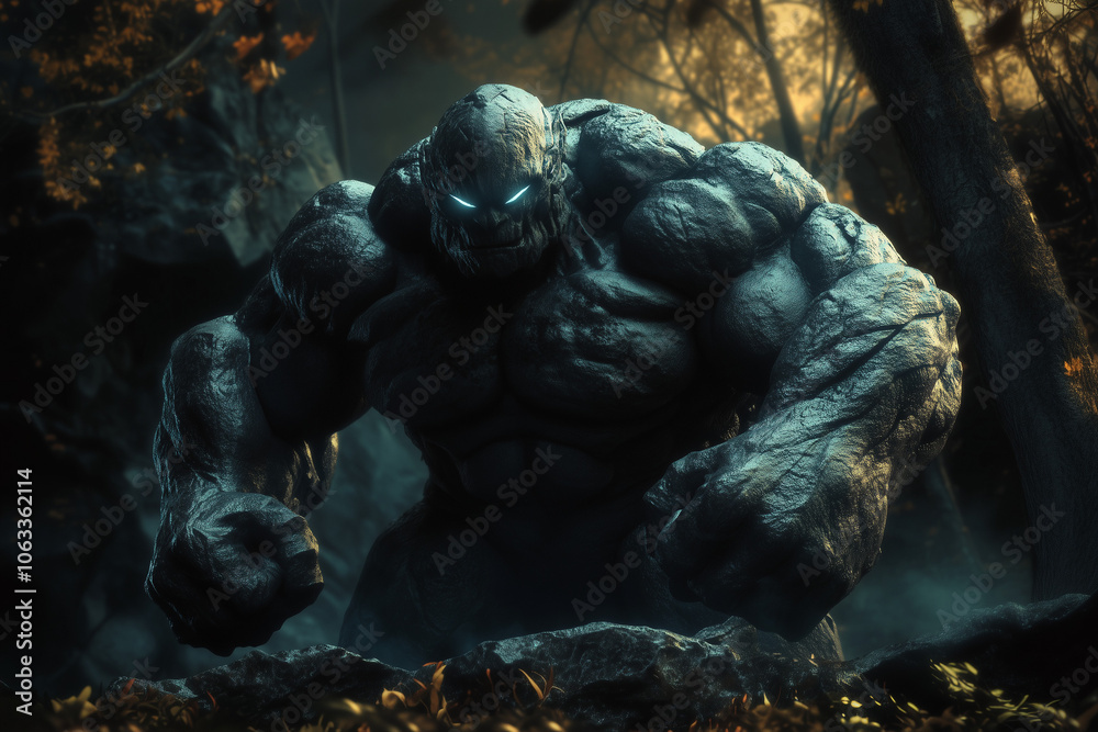 A terrifying stone golem troll in a dark forest background. A terrifying stone golem troll in a dark forest background.