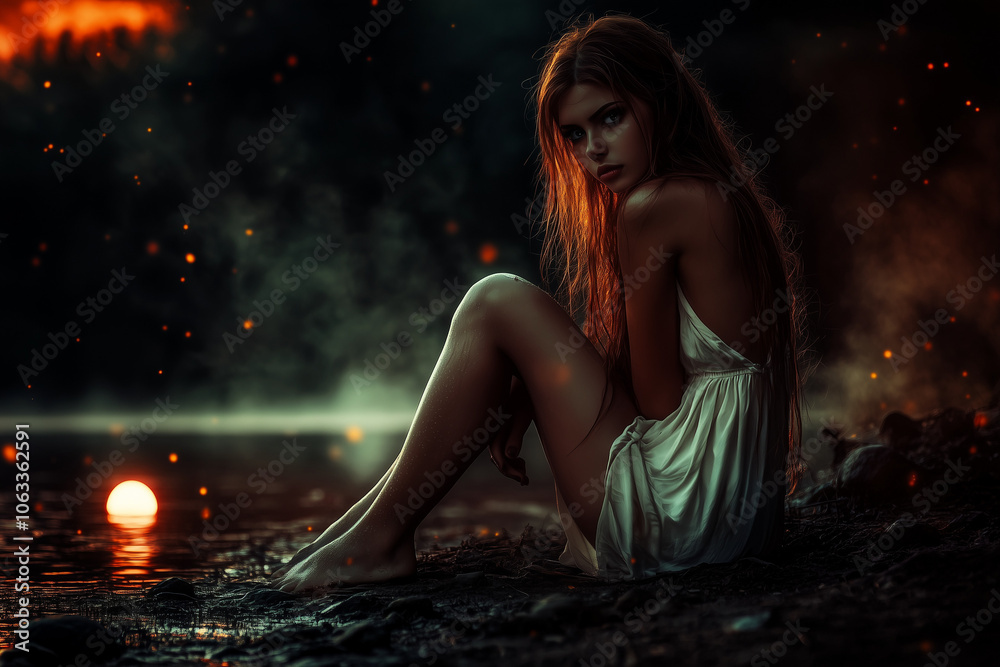 A beautiful girl in a white dress sits by the lakeshore at night and looking at the water... A beautiful girl in a white dress sits by the lakeshore at night and looking at the water...