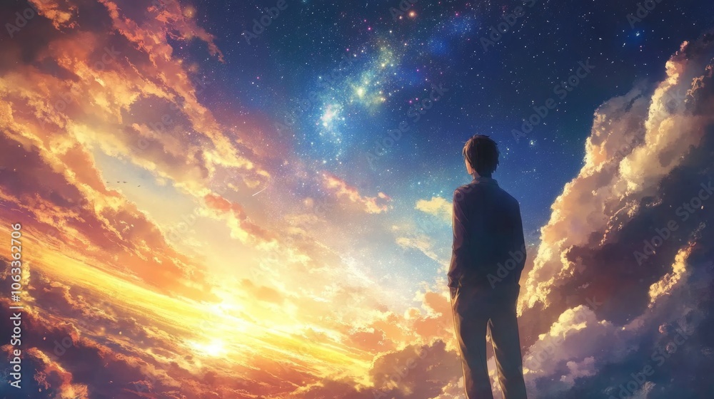 A person standing on a hill, looking up at the sky A person standing on a hill, looking up at the sky